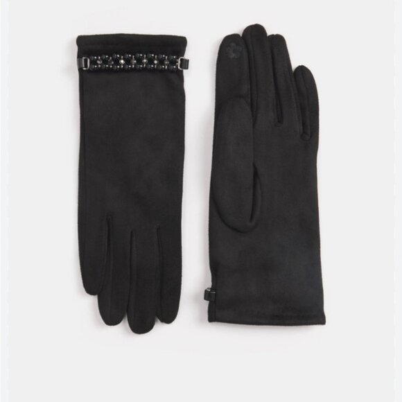 Laura Pearl Embellished Faux Suede Gloves Black - Picture 1 of 6